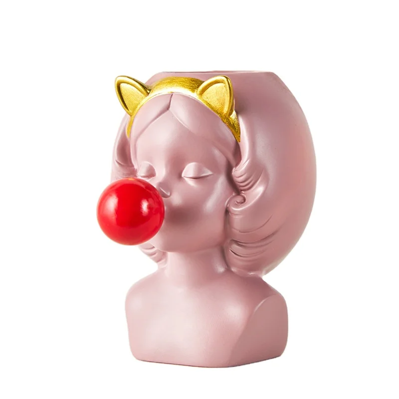 Nordic Style Resin Vase Cute Girl Bubble Gum Figurine Decorative Succulent Plant Flower Pot Modern Home Decor Pen Holder Small