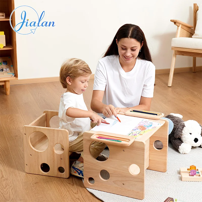 Montessori Weaning Table and Chair Set Toddler Table and Chair Set Natural Solid Wooden Kids Table Cube Chair for Boys and Girls