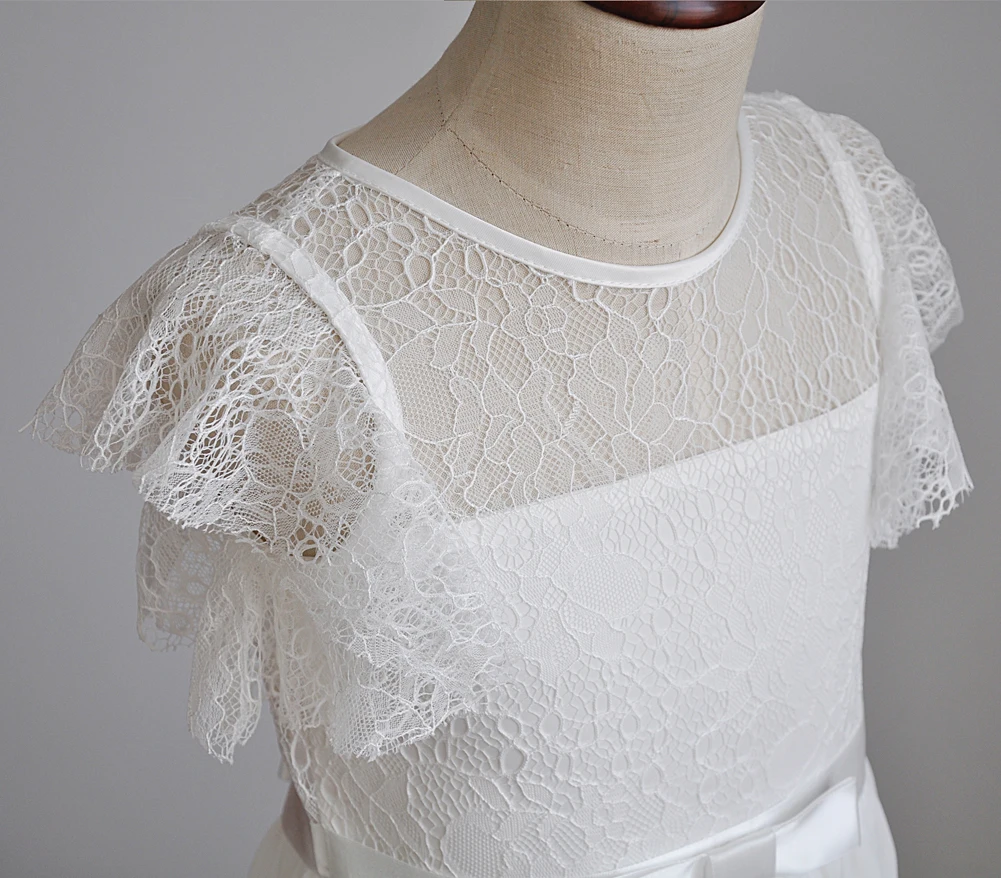 New design fashion manufacture white ivory sleeveless long-length party wedding royal lace flower girl kids dress