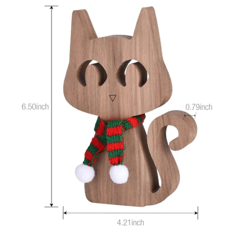Christmas Home Table Decorations Wood Crafts Office Desk Decor Cat Sculpture Wooden Ornaments Carving Cute Pet Cat Figurines