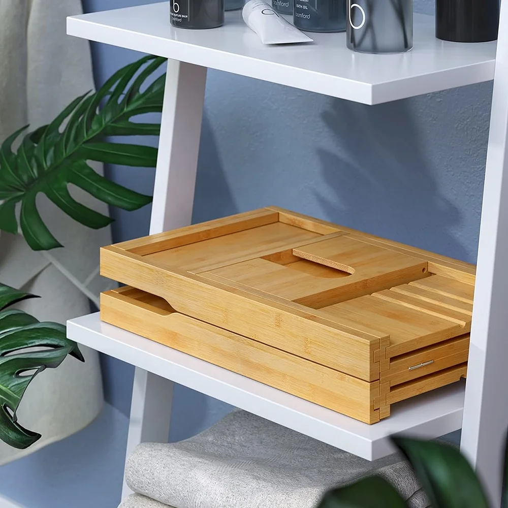 Bamboo Bath Caddy Tray Foldable Bathtub Tray Table with Extending Sides for Bathroom Toilet Shower Home Use