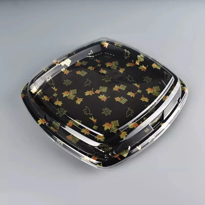 Оптовая продажа, черные Золотые круглые пластиковые лотки, одноразовые пластиковые коробки для суши на вынос, упаковка с крышкой