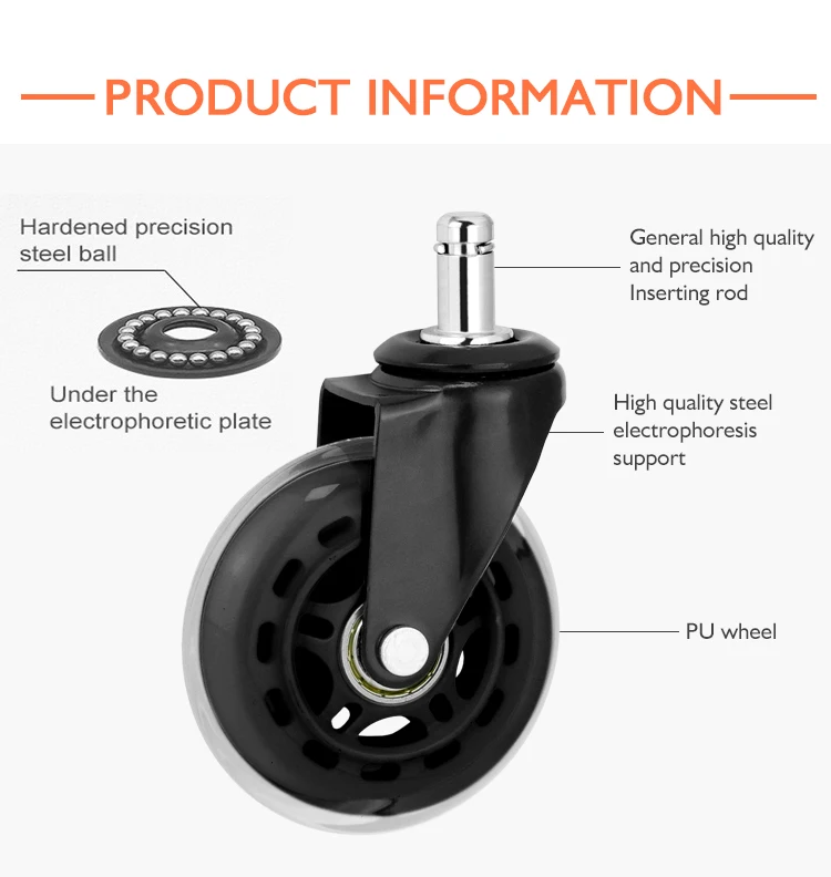 3 Inch Office Chair Caster Wheels Industrial Heavy Duty Furniture Transparent PU Caster Wheels Double Balls Swivel Castor