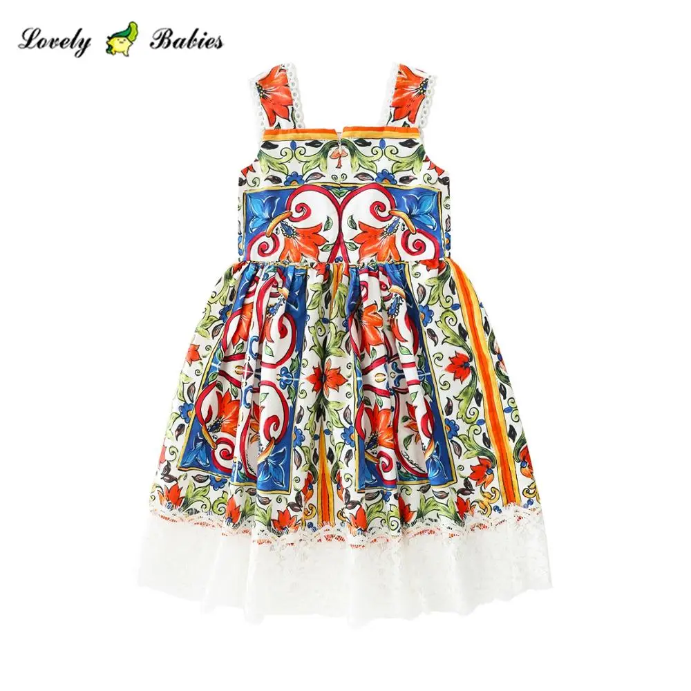 children clothes for holiday toddler girls party  Vintage printed lace girl casual dress