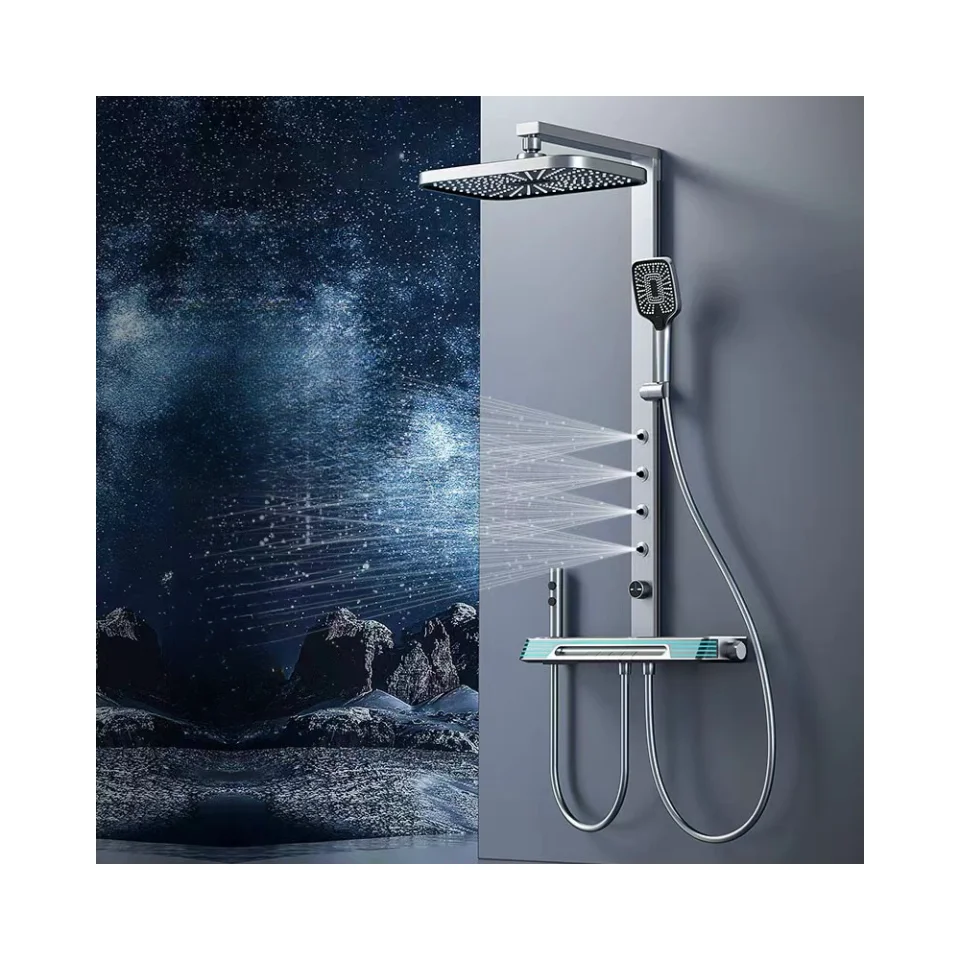 Tiktok Trend Gun Matel White Color Smart Led Back Waist Massage Shower System Exposed Wall Mounted Bathroom Faucets Shower Set