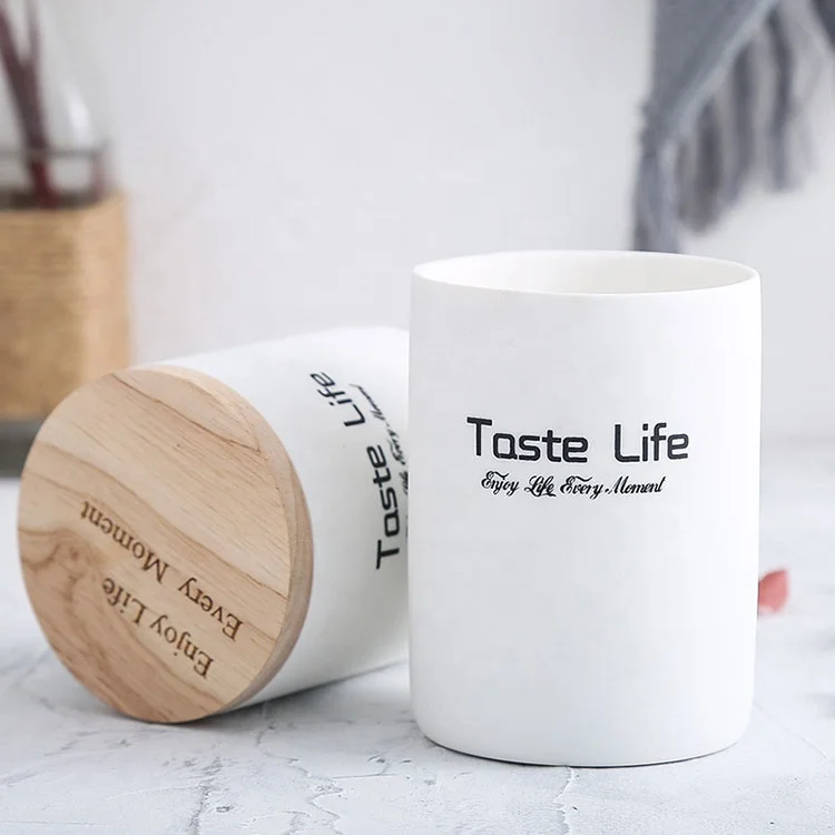 8oz frosted ceramic white candle jar with wooden lid