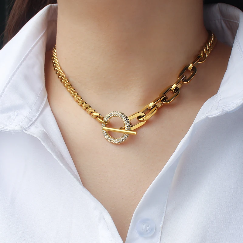 Round Circle Rhinestone Crystals Link Lock Stainless Steel Cuban Link Chain Pendant Necklace Choker Statement Necklace