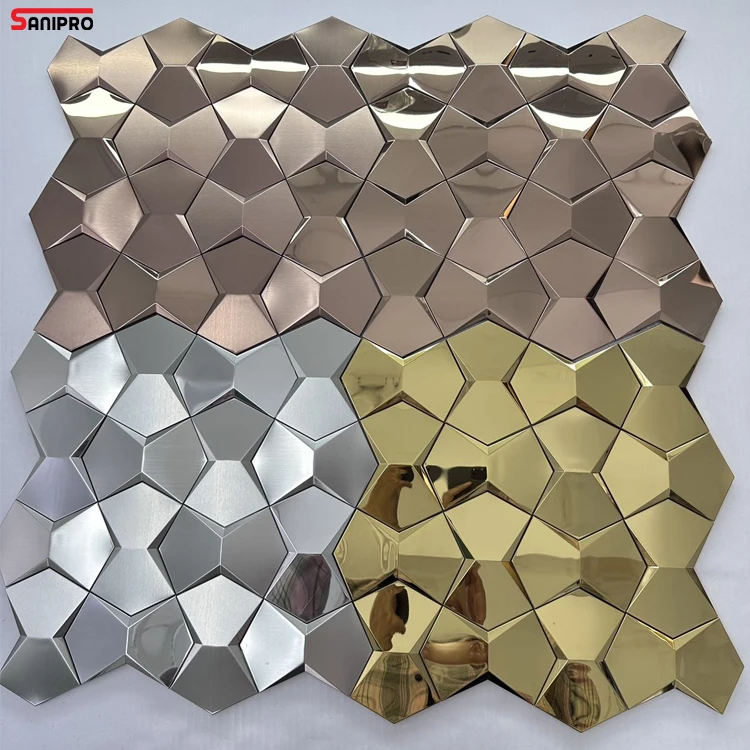 SANIPRO Wholesale Rose Golden Color Backdrop Three-dimensional Metal Stainless Steel Mosaic Tile for Modern Wall Decoration
