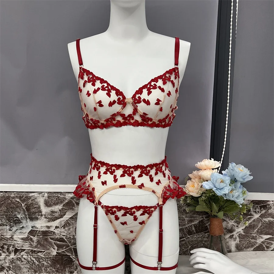 Embroidery Heart 4-Piece Set Erotic Girl Sheer Red Underwear Sexy Women Transparent Pink Lingerie