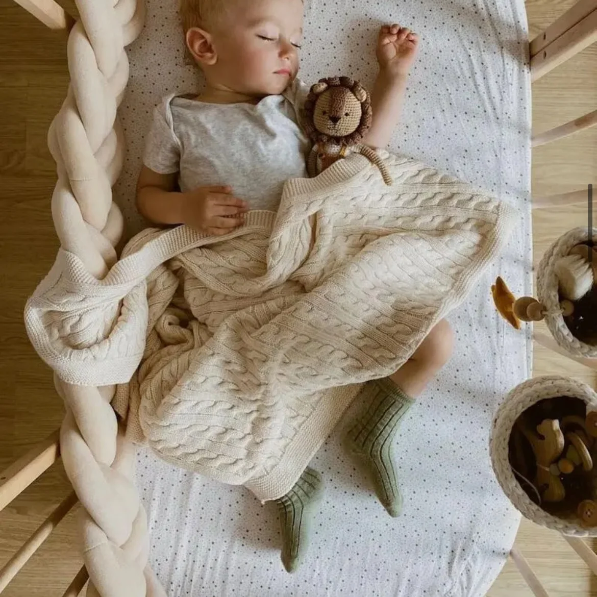 Customized 100% Cotton Baby Shower Gift Hygge Gender Neutral Kids Braid Blanket Newborn Sleeping Knitted Baby Blanket
