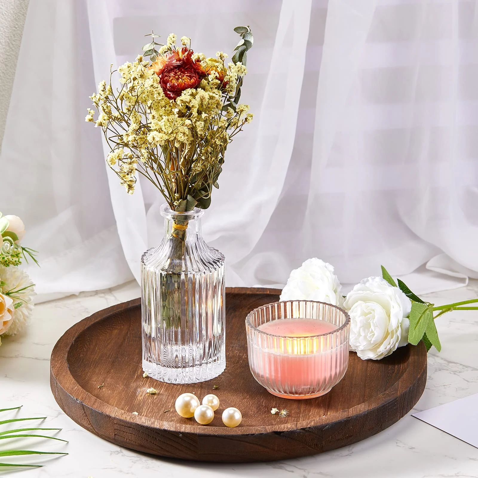 Christmas coffee table candles 2 Pack Round Wooden Tray Rustic Candle Holder Tray Brown Wood Serving Tray