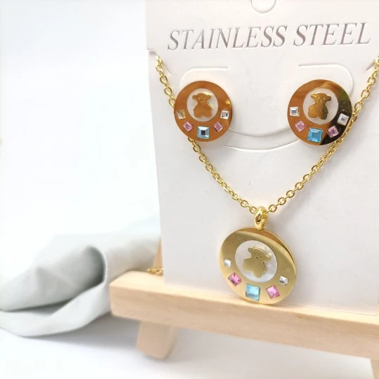 High-end custom luxury necklace with metal stainless steel earrings diamond bear round necklace