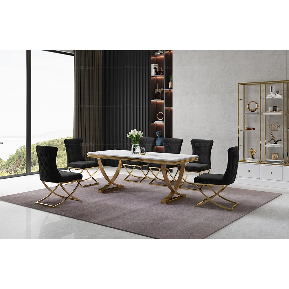 Living Room Furniture Practical Luxury Rectangle Marble Dinning Table Set With Golden Black Silver Base Legs