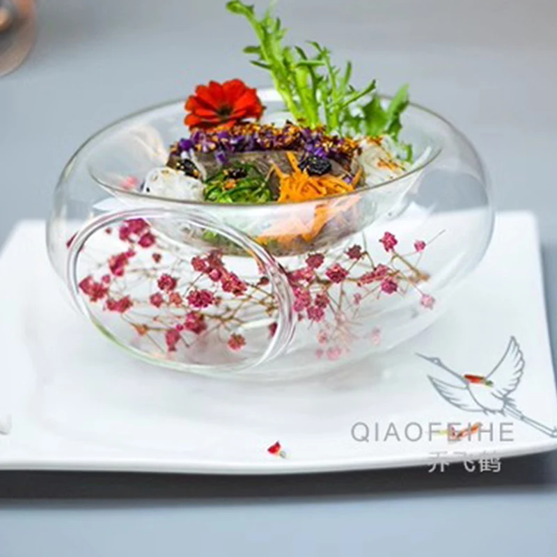 Decorative dry ice molecular food double wall  fruit salad glass bowls glass tableware cookware
