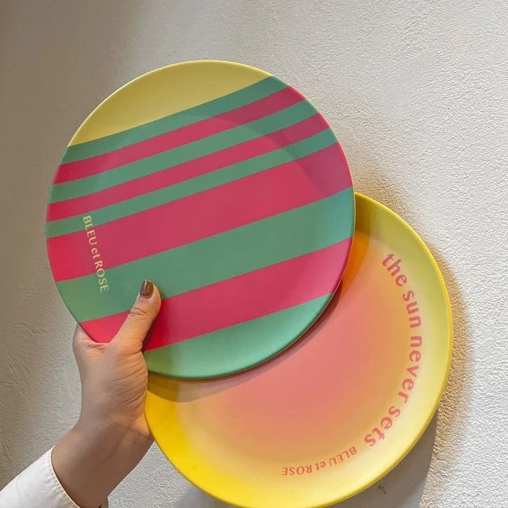 Factory wholesale Porcelain effect circular tableware Colored melamine plates sets Bamboo Fiber dinner plate