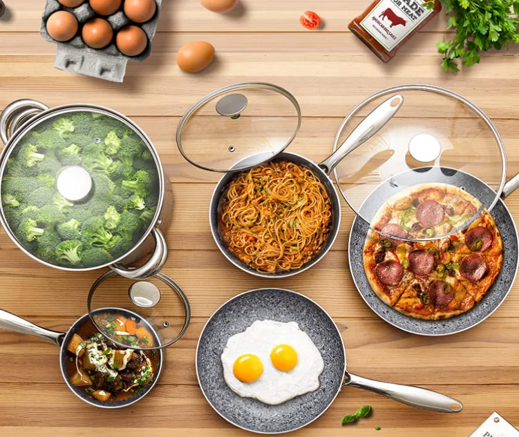 Производитель 10 шт. лидер продаж набор прессованной посуды baterias de cocina с антипригарным покрытием кастрюли и сковородки для приготовления