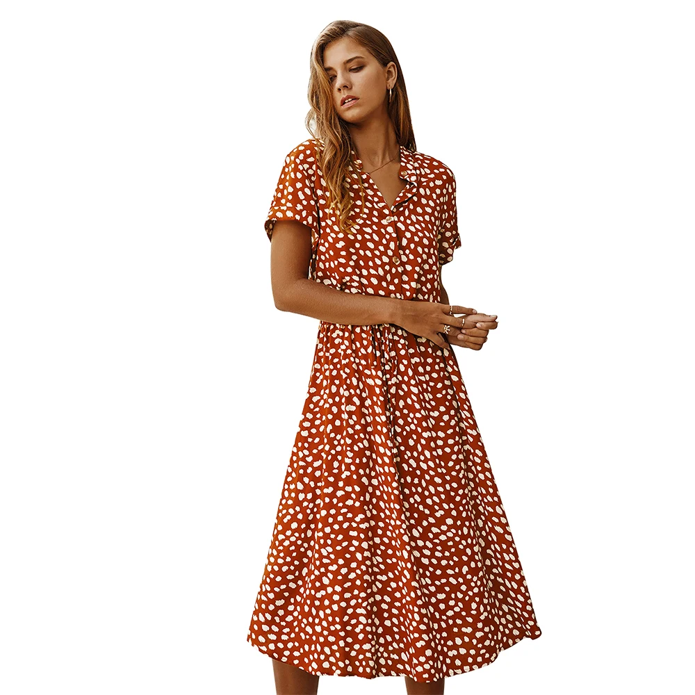 Women 2022 Short Sleeve Spring Summer Polka Dot Drawstring High Waist Midi Dress A Line Calf Length Casual Dresses