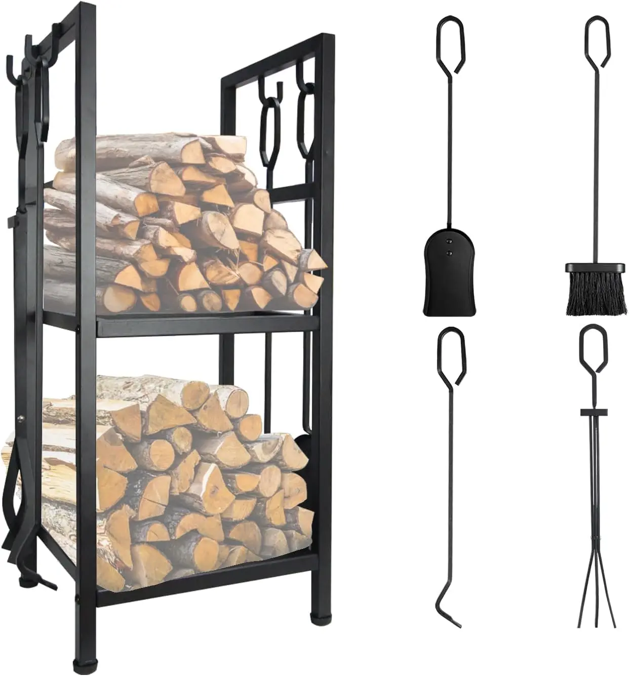 Indoor & Outdoor Heavy Duty Wood Log Holder Rack Firewood Storage Rack with Fireplace Tool Sets
