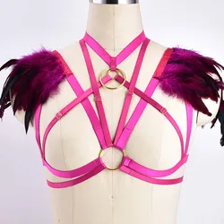 Feathers Harness Bra Epaulette Shoulder Wing Strappy Elastic Adjust Crop Tops Punk Festival Man Rave Club Performance Clothing