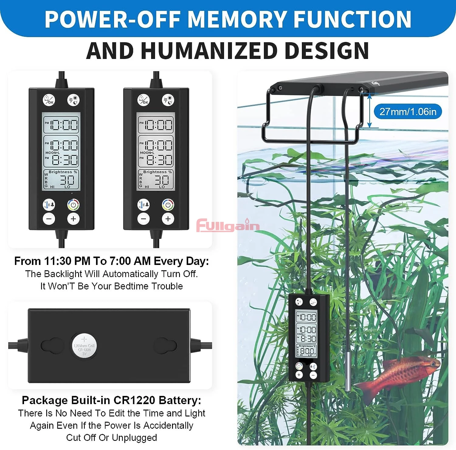 Fullgain FG178 95 Watt 6000K 7000K 1200mm Small Acrylic Light Stand Auto Dimming Led Aquarium Light 24/7 With Thermometer Alarm