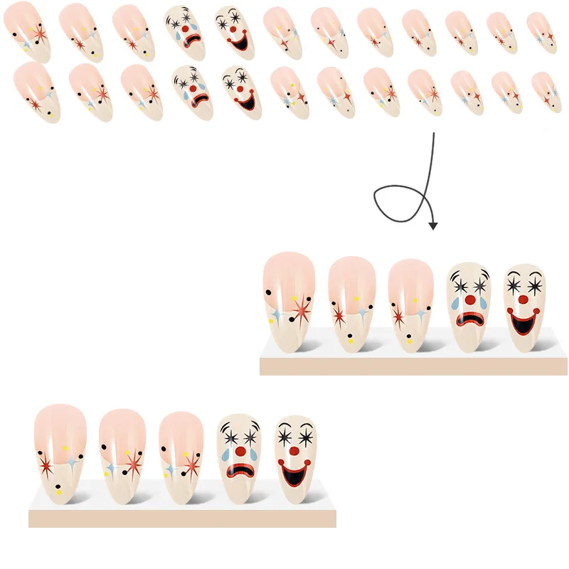 Halloween French Tip Press on Nails Medium Almond Fake Tip with Cute Face Design False Nails Acrylic Nails Stick on Tips