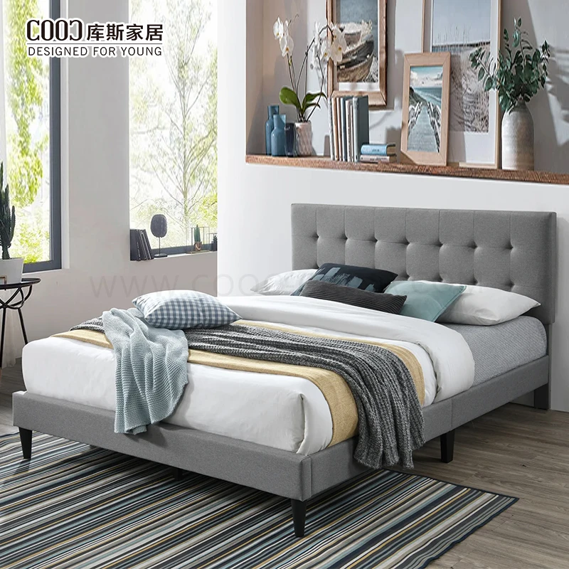 Full Size Bed Frame with Headboard Linen Fabric Queen King Size Modern Upholstered Platform Bed