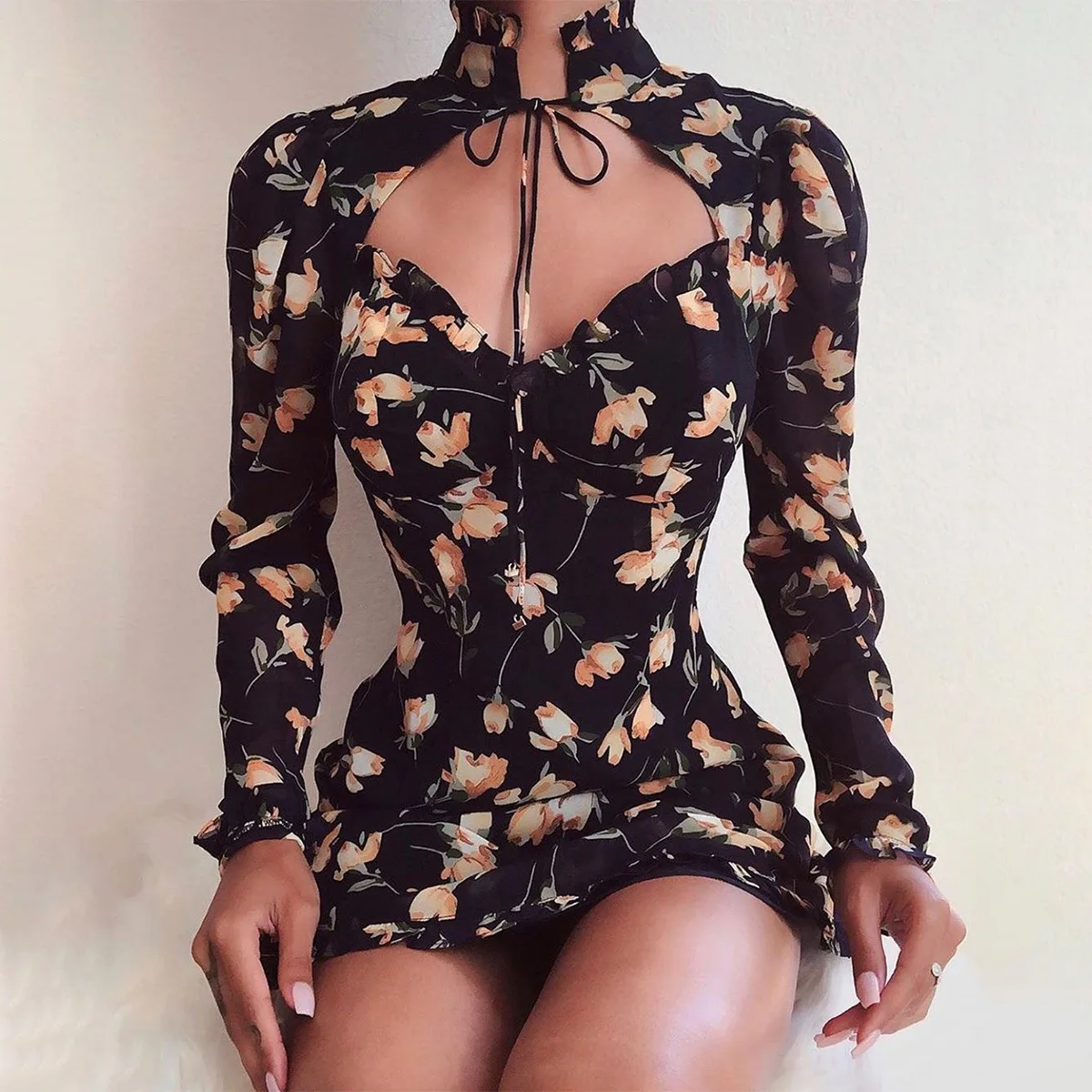
FX2464 Women floral fungus edge high collar bandage long sleeve dress 