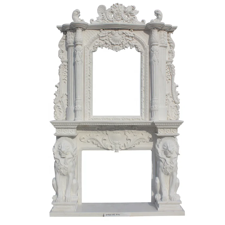Резная вручную Белая Мраморная камин в европейском стиле с декоративной статуей Львиной