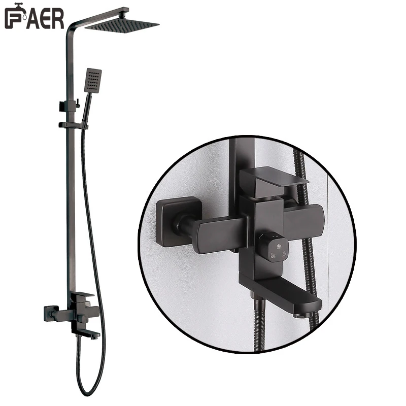 Matte Black Stainless Steel Wall Mounted Square Top Spray Hot Cold Shower Faucet Set Bath Mixer for Bathroom