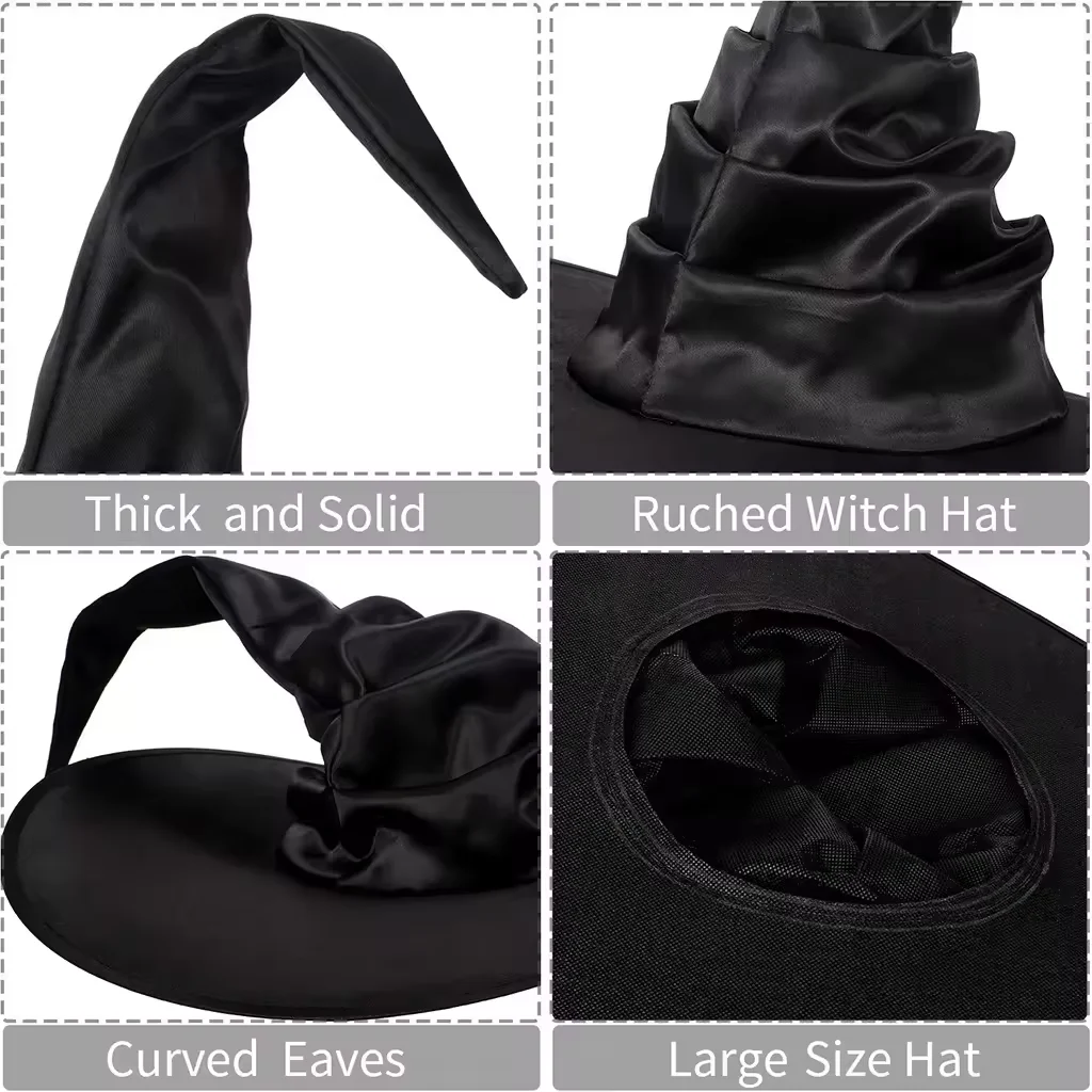 2024New Style Halloween Witch Hats Black Large Ruched Witch Hat Women Accessory For Halloween Cosplay Party Headband Witches Hat