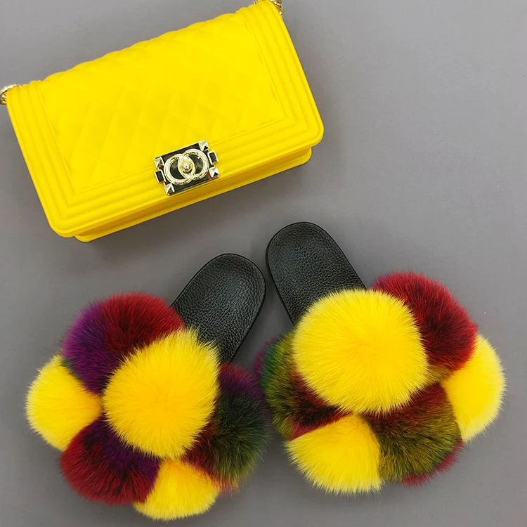 Big Furry Fur Slides Jelly Handbag Yellow Colorful Pom Pom Real Fox Fur Slides and Purse Set For Women Girls