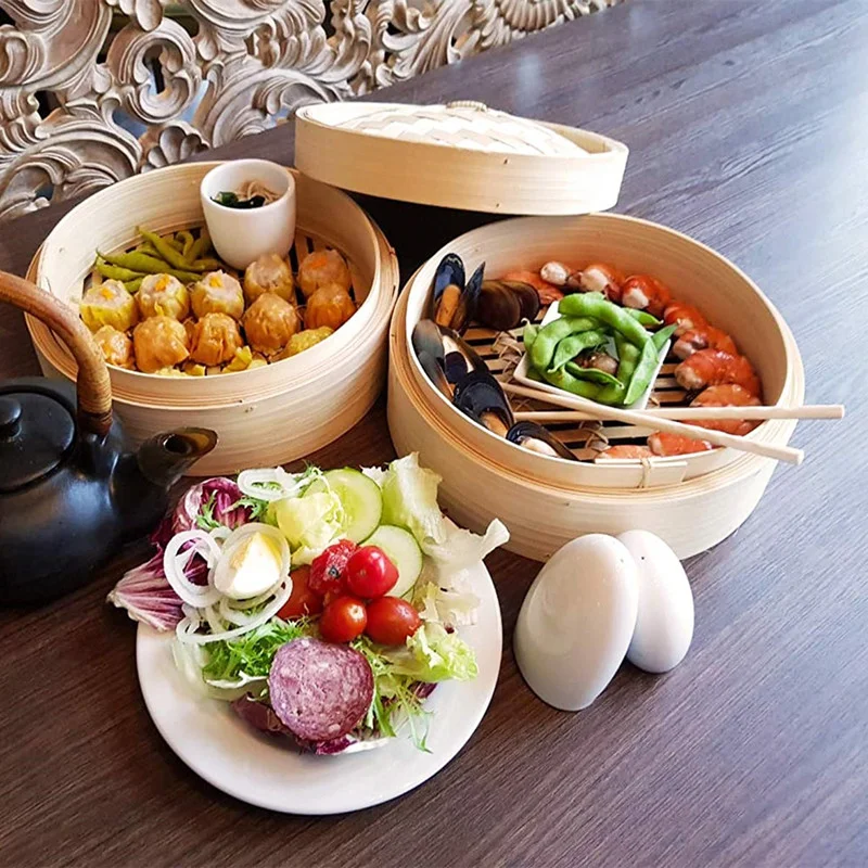 wholesale factory small mini bamboo portable food dumpling baby steamer basket 10 inch favors set pot food machine for food