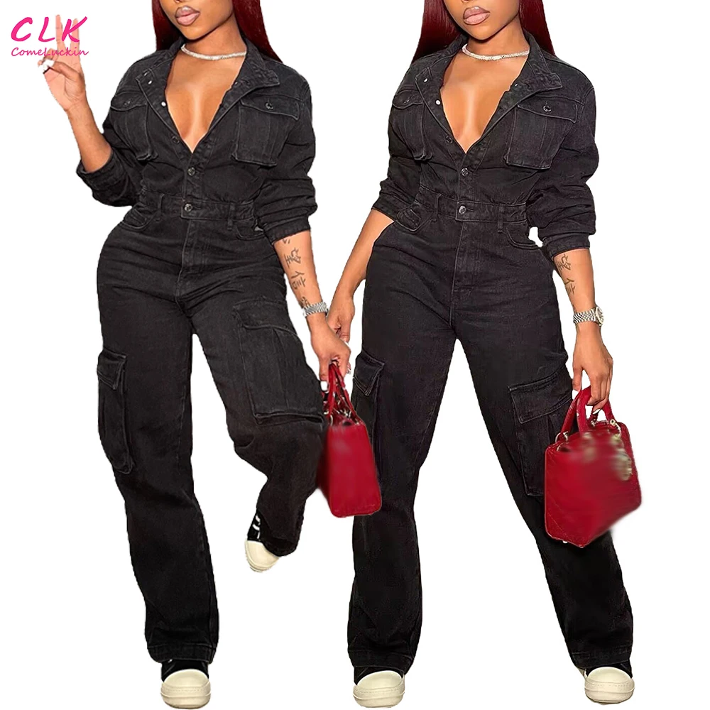 Custom Logo New Women Denim Pocket Front Turn-down Collar Long Sleeve Wide Leg Jean Jumpsuit Fashion One Piece Suit