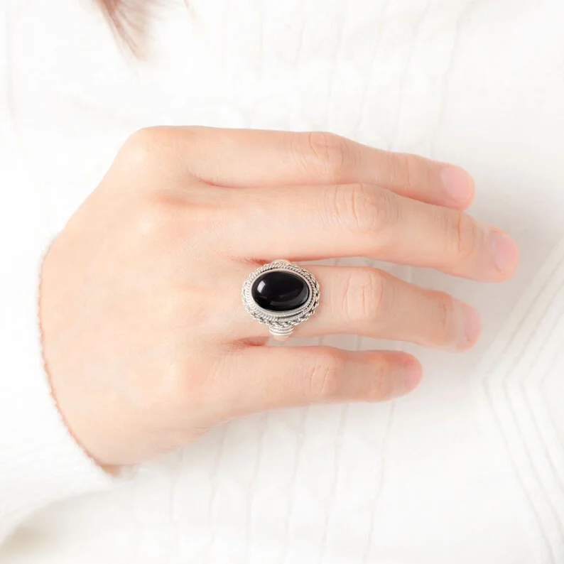 Classic Sterling 925 Silver Oval Black Onyx Aqeeq Rings For Men Double Rope Edge Chain Edge Band Ring