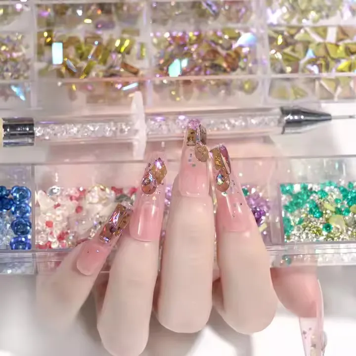 24 Glass Multiple shapes fluorescent Crystal Nails Art Rhinestone Flat Back Nails Charms Diamond Stone Decorations