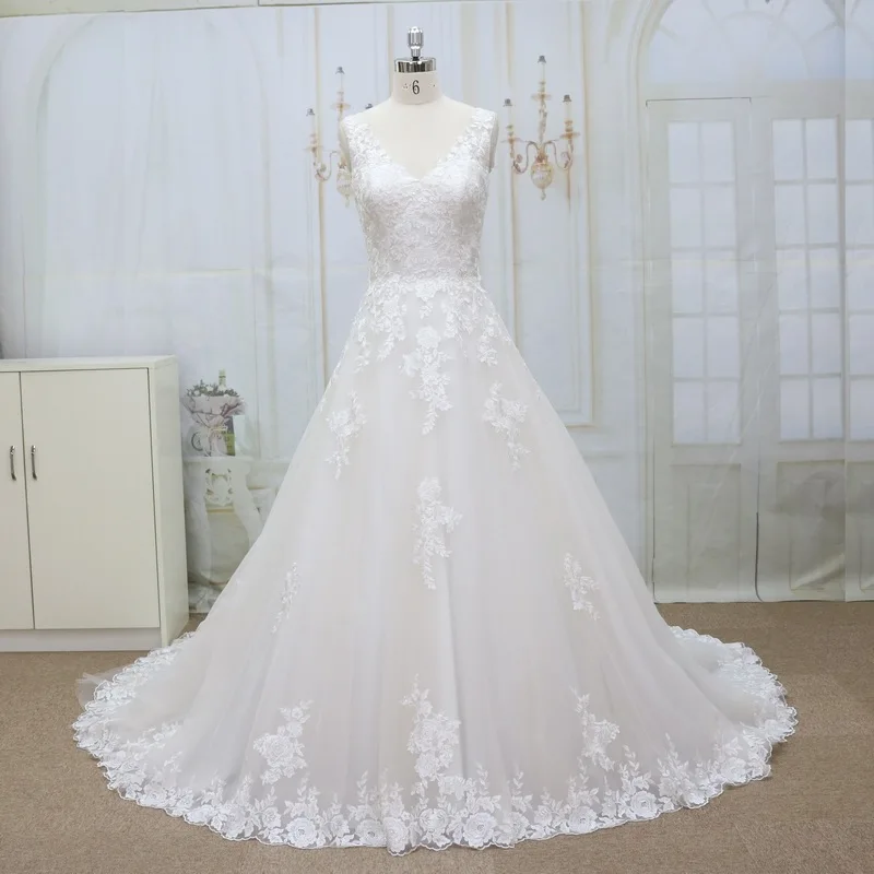 fashion modern real picture lace aline wedding dress plus size v neck wedding gown with detachable luxury shawl