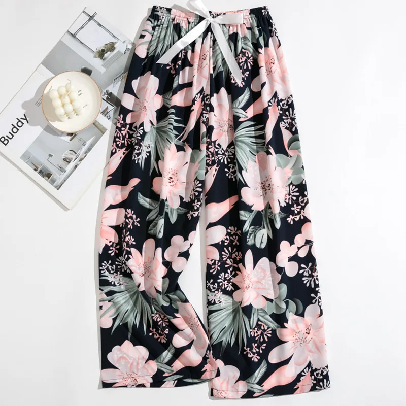 54 style wholesale cheap cotton flower Floral Print Causal Sleepwear Loose Large Size Wide Leg Pants Home Wear Trousers