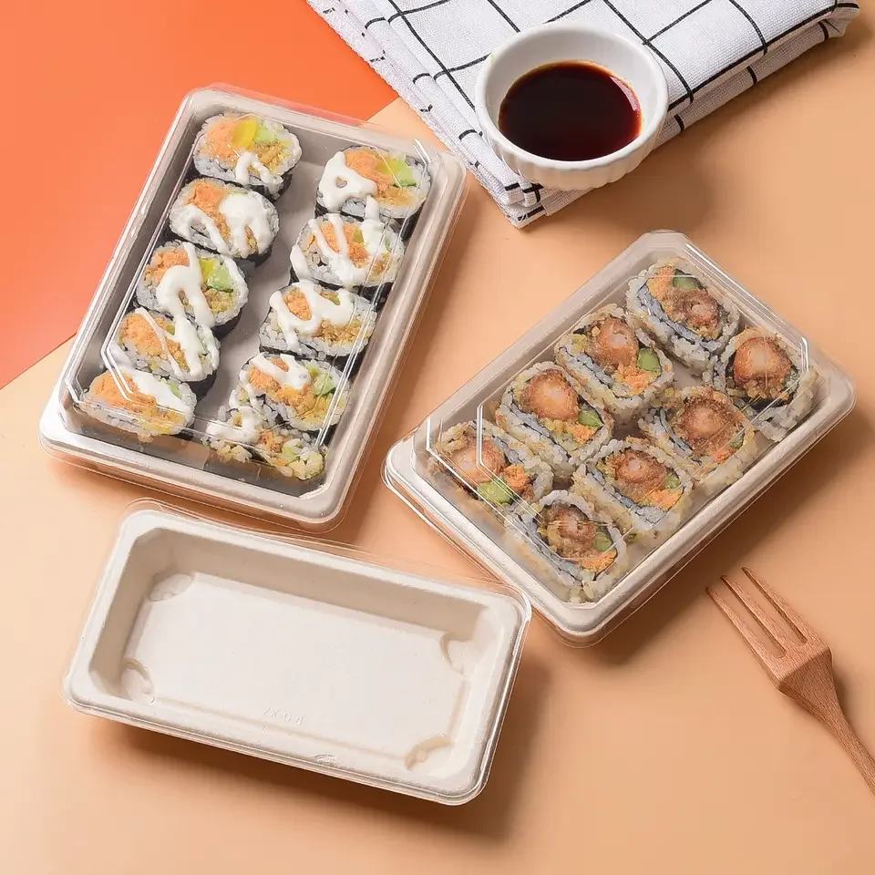 Disposable Rectangle Food Container with Lid Bagasse Tray Take Away Sushi Box Bagasse Packaging