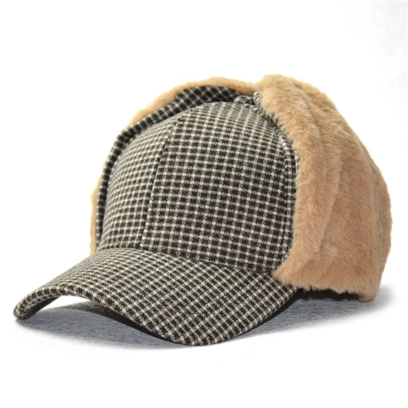 Trooper Trapper Hat Winter Windproof Ushanka Russian Hats with Faux Fur Ear Flaps Plaid Thick Baseball Cap with Warmer Earflap