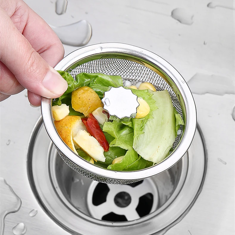 Multi function round bathroom vegetable food waste holder plug over wire mesh basket drain stainless steel kitchen sink strainer