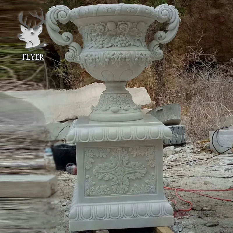 Custom Garden Stone Carvings and Sculptures White Marble Flowerpot Urn Planters