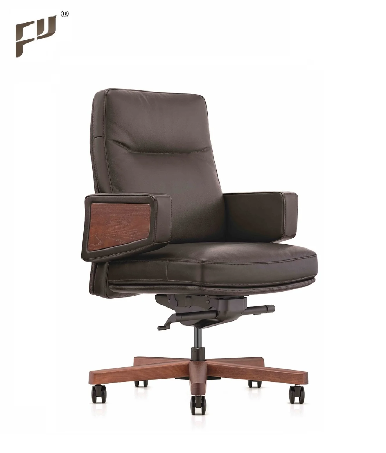 FURICCO Italian Style Wooden Base Feather Cushion Swivel Executive Leather Office Boss Chair
