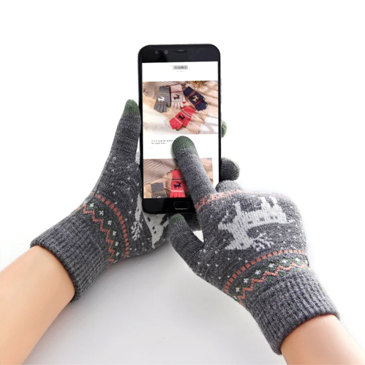 Women Cute Elk Pattern Full Finger Knitted Warm Gloves Female Thicken Winter Gloves Touch Screen