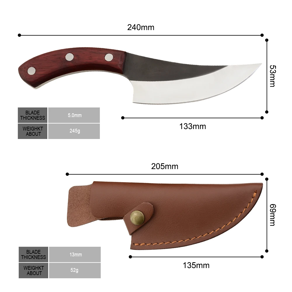 Online Store hot sale Chinese butcher knife 5MM razor sharp handmade pocket hunting knife outdoor with leather sheath