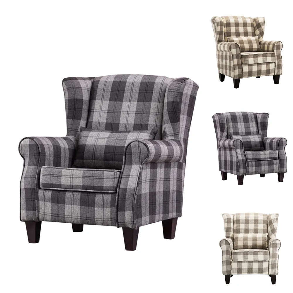 Anji быстрая доставка, кресло на спинке с крыльями, диван, кресло из ткани, тартан, огненный акцент, стул с ножками из массива дерева для спальни, мебель