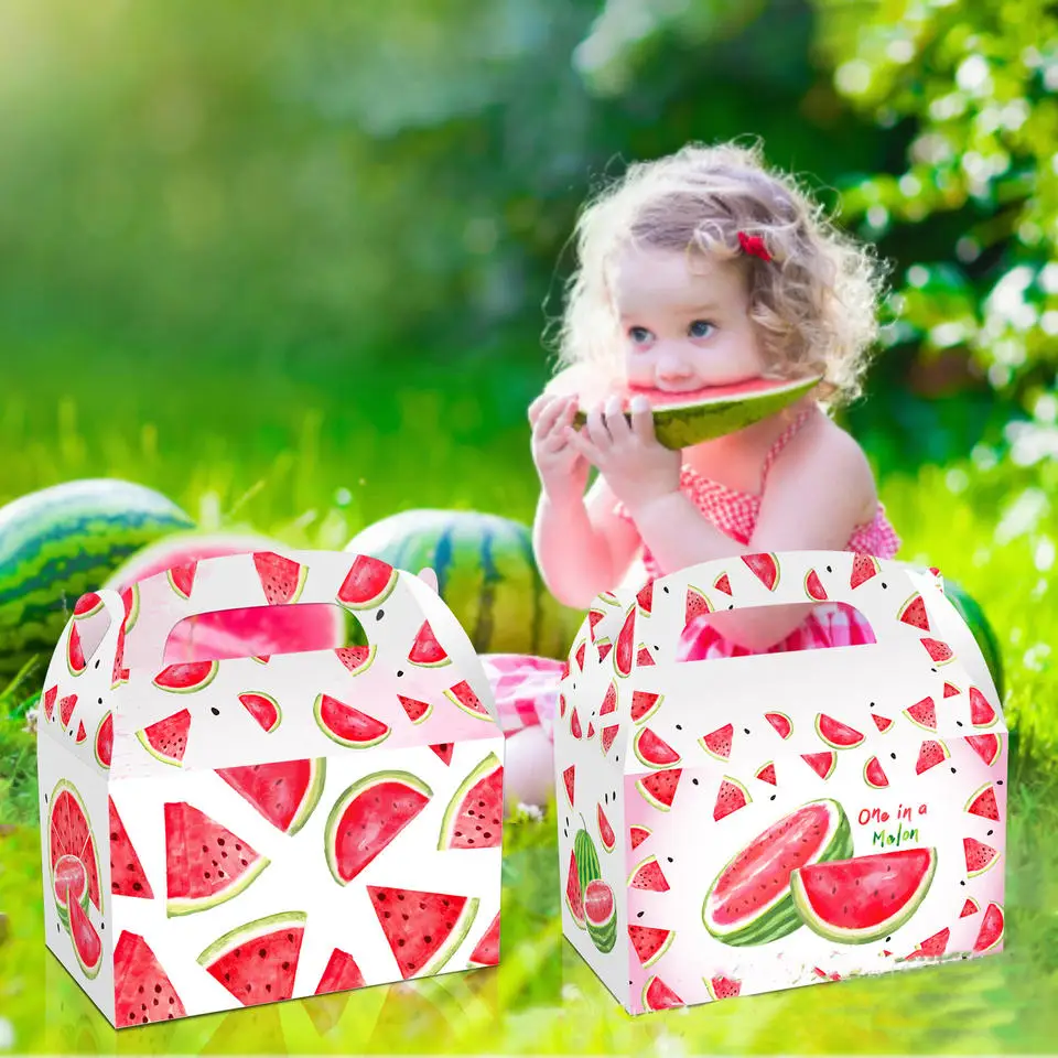 PAFU 16 pcs Watermelon Birthday Party Decorations Favors Disposable Dessert Dinnerware Plates Cups Bags Banner Set Supplies