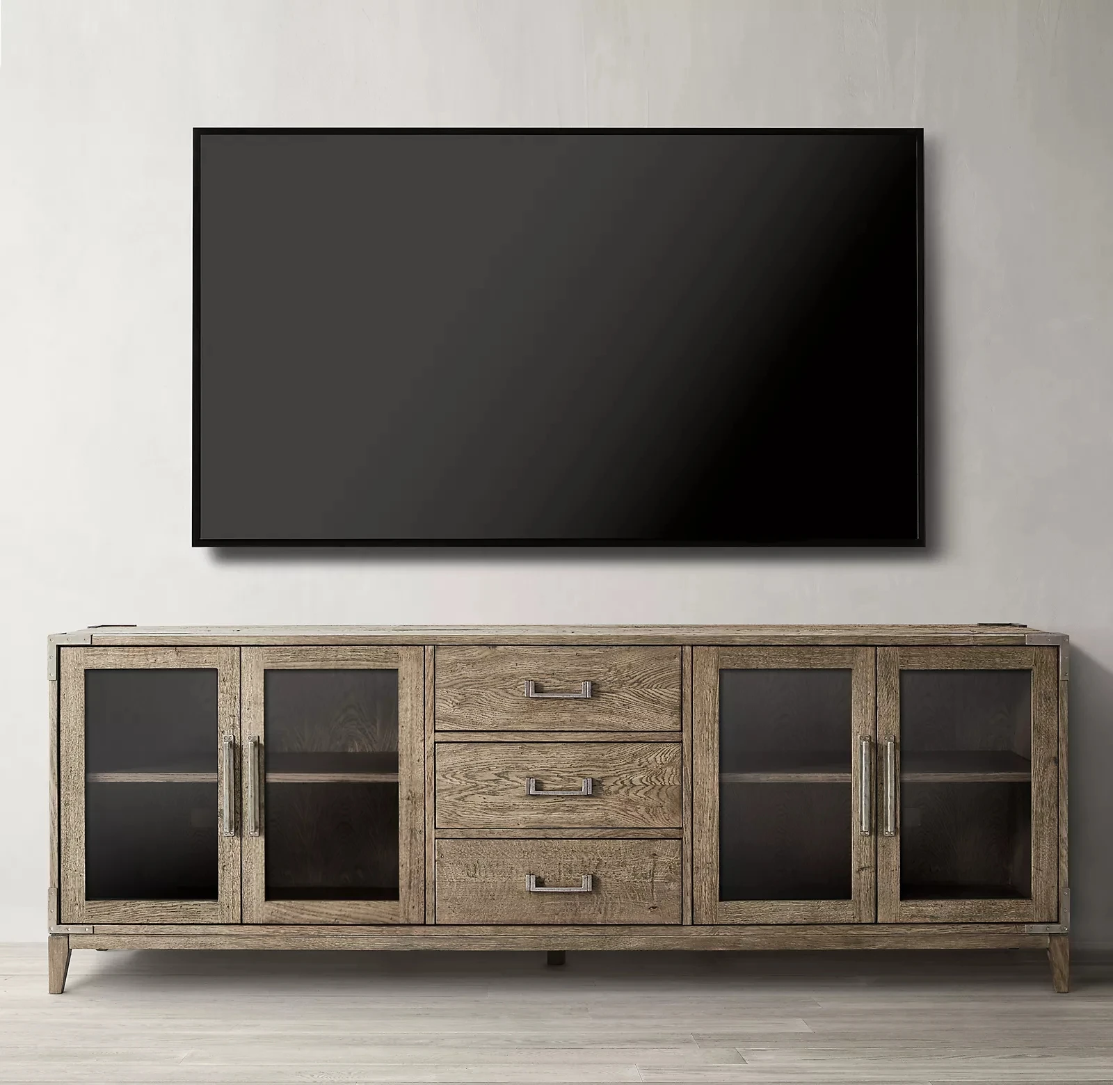 HOT SELL SOLID OAK WOOD TV STAND CAYDEN CAMPAIGN GLASS 4-DOOR MEDIA CONSOLE WITH DRAWERS