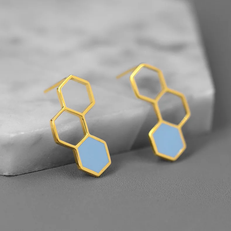 925 Sterling Silver Jewelry Colorful Enamel Honeycomb Stud Earrings