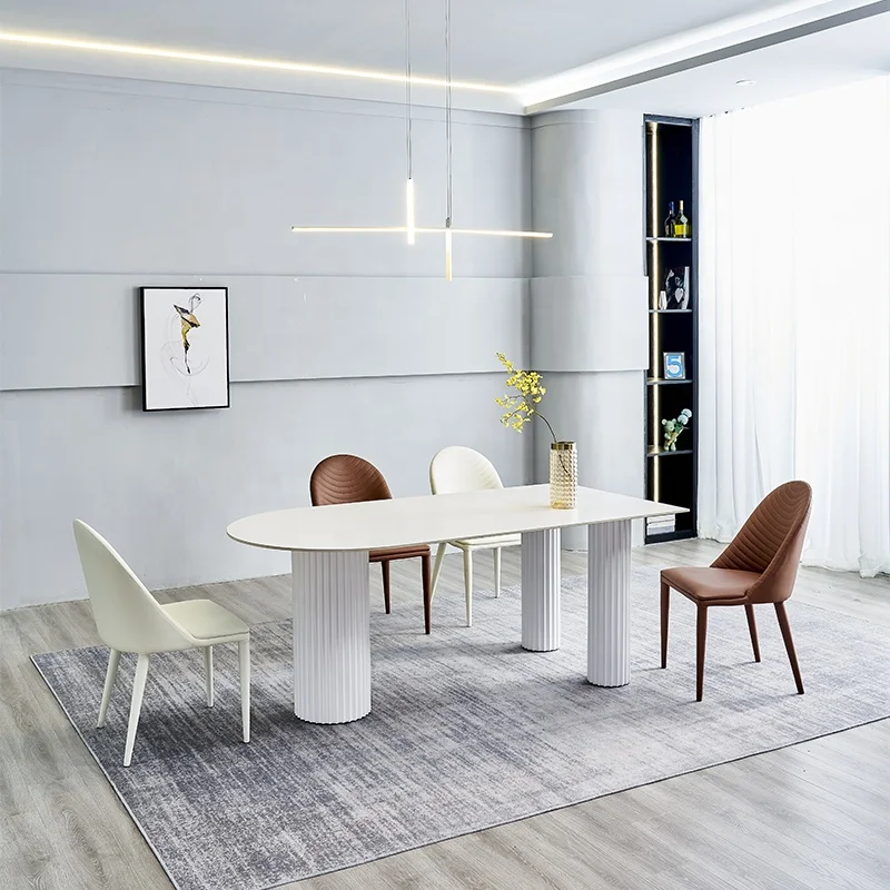 White Oval Dining Table Rock Slab and Solid Wood Frame White Interior Nordic Dining Set