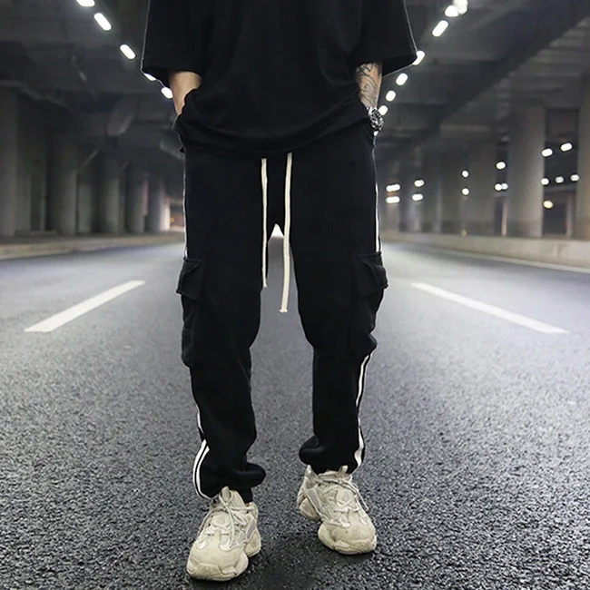 OEM hot sale black side stripe jogger pants casual elastic waist draw string streetwear cotton teen hiphop trousers stock
